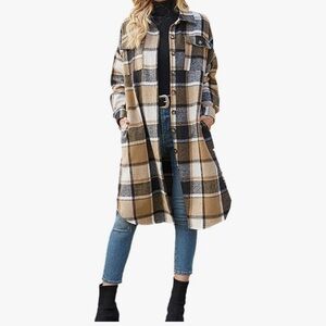 Casual Lapel Button Down Long Plaid Tartan Shacket Jacket